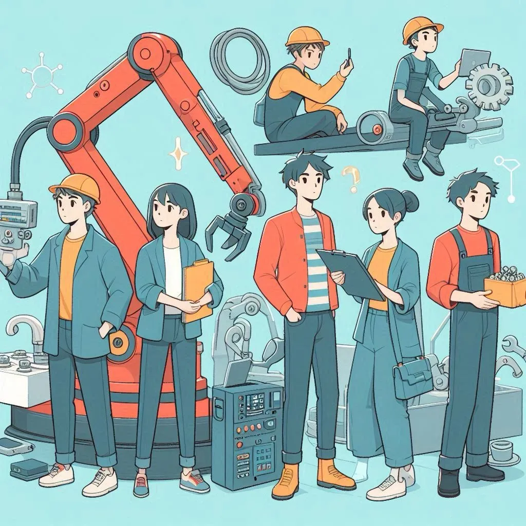 Style animé minimaliste au trait fin: personnages illustrant l'automatisation de la mise en relation entre fournisseurs industriels canadiens et clients.