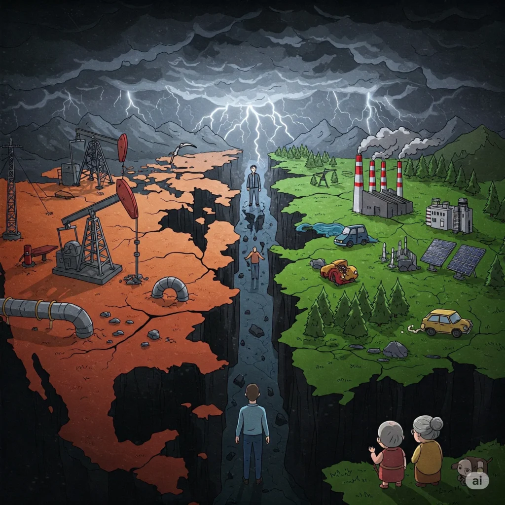 Allégorie dramatique dépeignant le Canada comme une carte déchirée par des forces qui s'opposent. D'un côté des symboles d'extraction de ressources et de l'autre des symboles d'énergie verte et d'industries régionales en conflit. Un petit bout de chou et des grand-mères observent du coin. Style minimaliste aux traits fins.