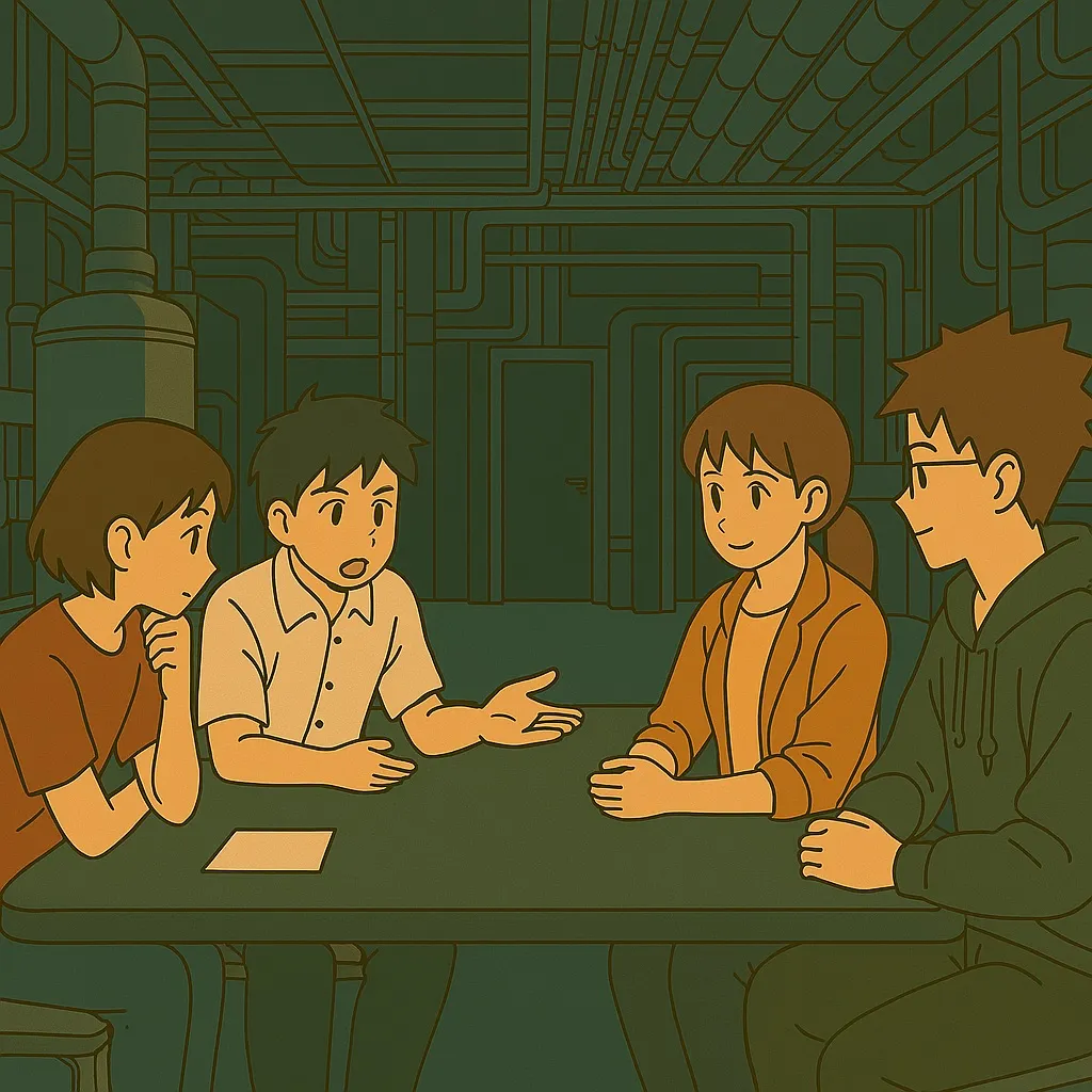 Équipe en pleine réflexion autour du nom de leur startup, cherchant à marier la fantaisie d'un fruit à la rigueur industrielle, au cœur d’une usine futuriste.