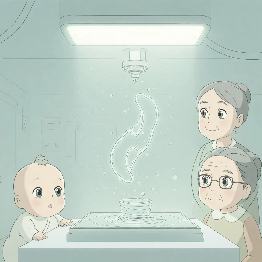 Jet de liant en fabrication additive dans la fabrication d’un dispositif médical qui sauve des vies, avec bébé mignon à gauche et douces grand-mères à droite. Style Ghibli futuriste et minimaliste aux trait fin.