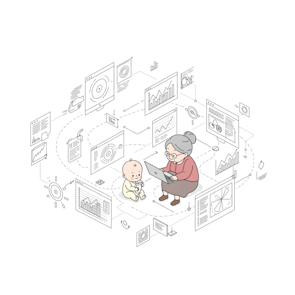 Un petit bout de chou à côté de sa grand-mère penchée sur son ordi, tous les deux entourés de gadgets techno et de boutons virtuels. Style Ghibli minimaliste et moderne sur fond blanc.
