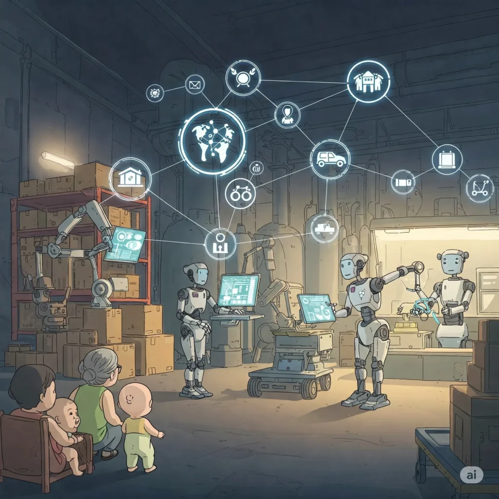 Illustration futuriste et minimaliste d'une usine autonome et sans éclairage où des robots élégants intégrés à un réseau d'affaires dynamique éliminent les pénuries de main-d'œuvre. Des petits bouts de chou et leurs grand-mères observent la scène.