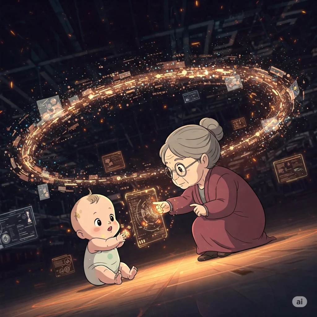 Une illustration dynamique montrant un petit bout de chou et sa grand-mère en interaction avec un tourbillon de données numériques, de code et de lumière. Des interfaces d'IA intégrées rayonnent autour, symbolisant la fusion de la pensée humaine et de l'intelligence artificielle. Arrière-plan abstrait, évoquant une accélération rapide et une transformation mondiale. Style futuriste minimaliste aux traits fins.