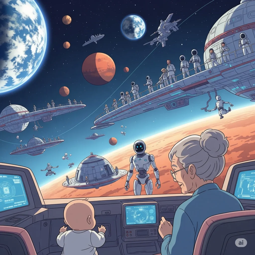 Illustration ultra haute résolution rehaussée d'une palette photoréaliste mettant en scène l'évolution humaine et la transition vers une colonisation dynamique de l'espace, et affichant des habitats orbitaux, des bases martiennes, des humains adaptés et des robots en symbiose. Un petit bout de chou et sa grand-mère observent. Style minimaliste et futuriste aux traits fins.