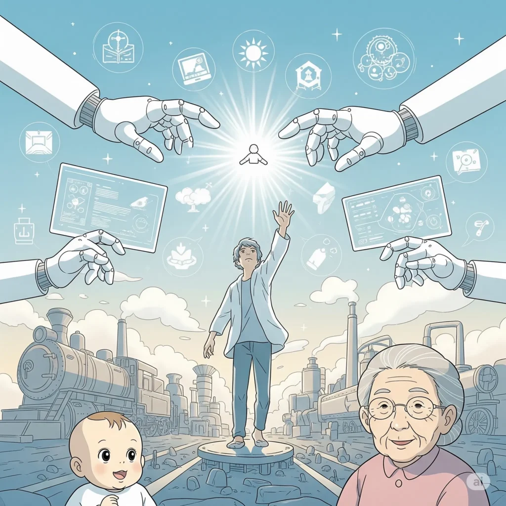 Scène montrant un humain sortant d'un passé marqué par la lutte et le travail manuel, laissant derrière lui le stress des technologies dépassées, et aspirant à un avenir éclatant, foisonnant de symboles d'une opulence facile et d'une créativité sans limites, rendue possible par l'automatisation de pointe et l'intelligence artificielle. Un charmant bambin et une tendre aïeule observent, baignés d'un style futuriste et minimaliste aux traits fins.