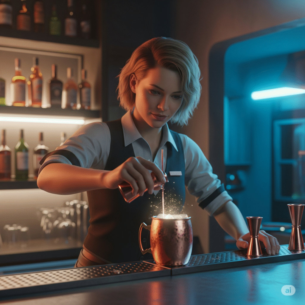 Illustration captivante en haute définition dépeignant une barmade experte à la courte chevelure blonde et ondoyante, affairée à réaliser l'iconique cocktail «Jackie Welles». L'esthétique, à la fois futuriste et minimaliste, s'inspire de Ghibli avec ses traits simples et fins. Le décor est planté dans un bar à l'atmosphère enveloppante, où se marient la chaleur douillette d'un pub polonais traditionnel et l'éclat cru des néons d'une taverne de Night City, tout droit sortie de Cyberpunk 2077. Pièce maîtresse trônant sur le comptoir, le cocktail – un Moscow Mule dans sa chope de cuivre aux reflets flamboyants. D'un sourire connaisseur, la barmade y ajoute l'ultime «goutte d'amour», matérialisée par un fugace éclat de lumière magique au cœur du breuvage. Éclairage cinématique, rendu hyperdétaillé.